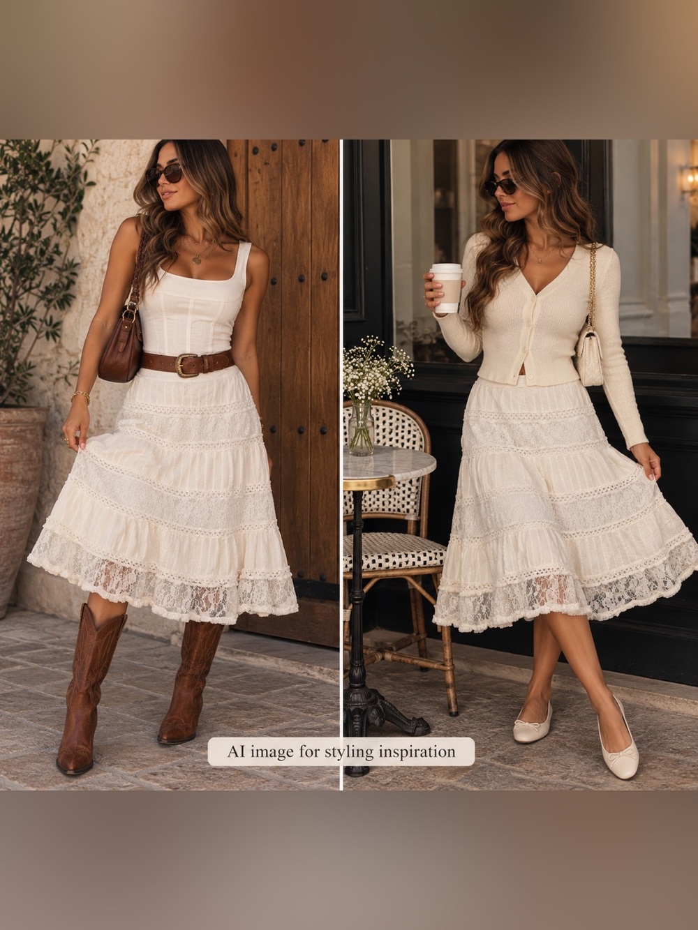 NY Collection White Cotton Lace Tiered Boho Midi Skirt Petite PXL